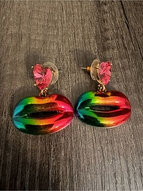 Betsey Johnson Rainbow Lip Drop Earrings with Pink Heart Studs